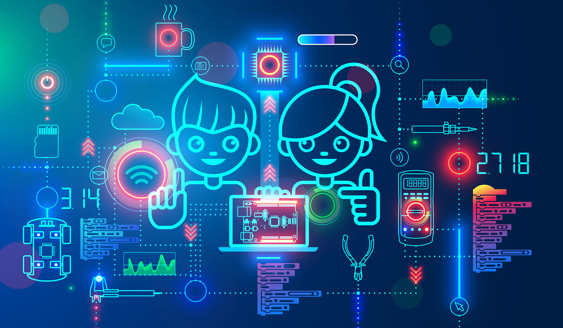 Elektronisk tegning som viser gutt og jente omringet av teknologi og kode.