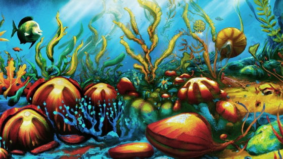 Tegning av havbunn, fisk og organismer i havet (laget av AI).