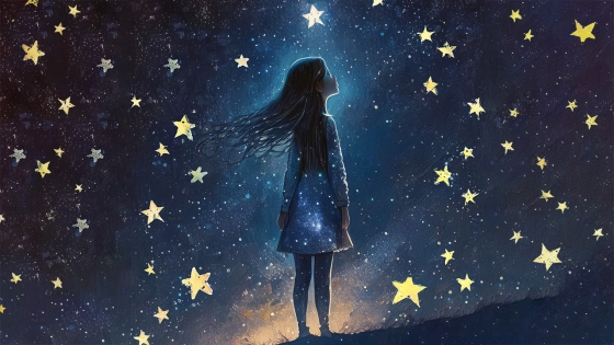 Maleri av jente som ser opp mot stjernehimmelen.