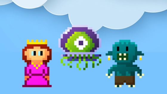 Pixel-art med spillfigurer foran himmel med skyer.