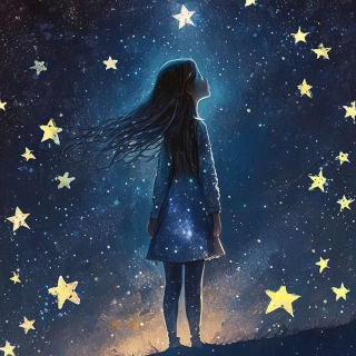Maleri av jente som ser opp mot stjernehimmelen.
