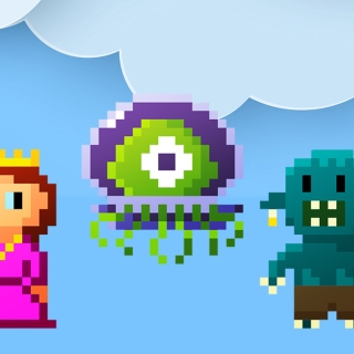 Pixel-art med spillfigurer foran himmel med skyer.