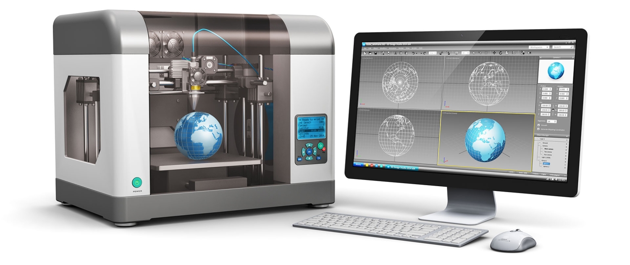 Skjerm med bilde av jorda og 3d-printer som printer ut en jordmodell.