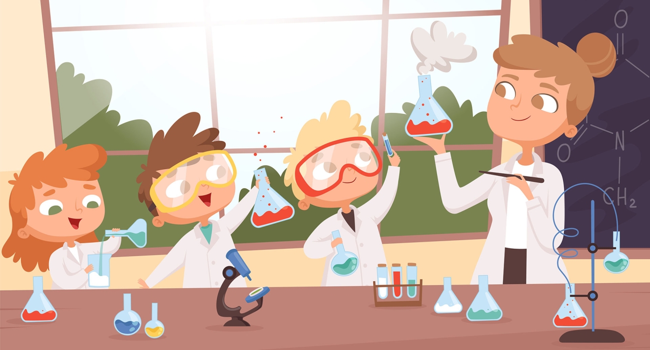 Tegning av barn og voksen i labfrakker som utfører kjemieksperimenter.